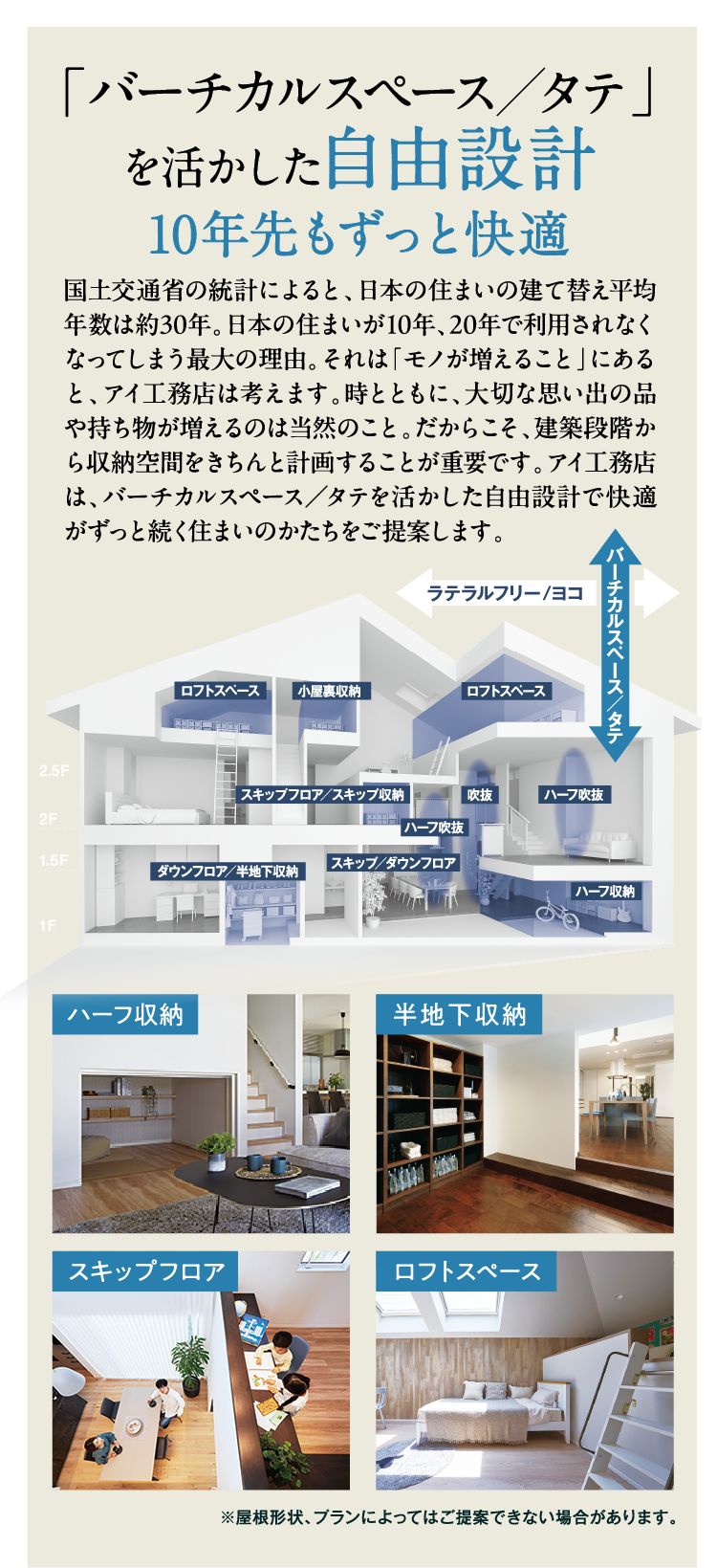「バーチカルスペース／タテ」を活かした自由設計 10年先もずっと快適【ハーフ収納】【半地下収納】【スキップフロア】【ロフトスペース】