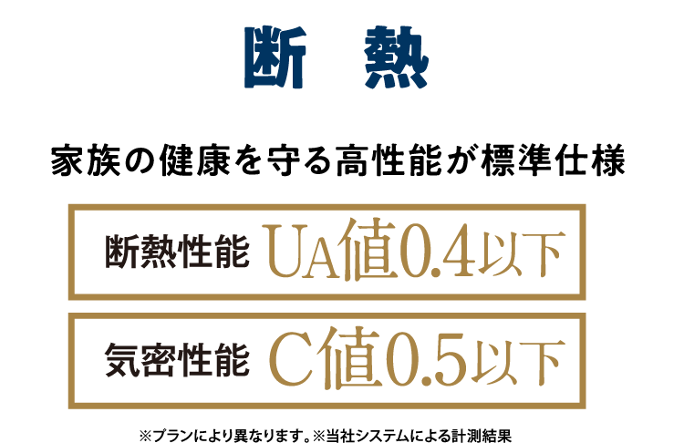 【断熱】家族の健康を守る高性能が標準仕様「断熱性能UA値0.4以下」「気密性能C値0.5以下」
