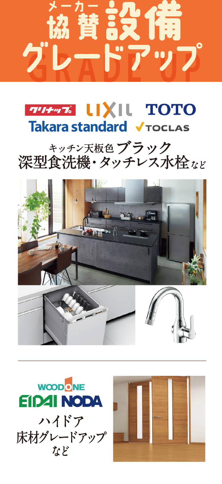 メーカー協賛で「キッチン天板色ブラック」「深型食洗機」「タッチレス水栓」「ハイドア」「床材」などの設備をグレードアップ