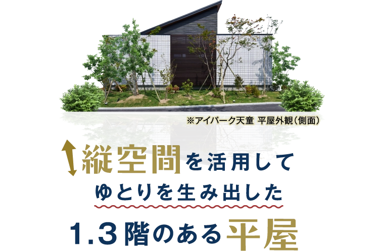 縦空間を活用してゆとりを生み出した1.3階のある平屋