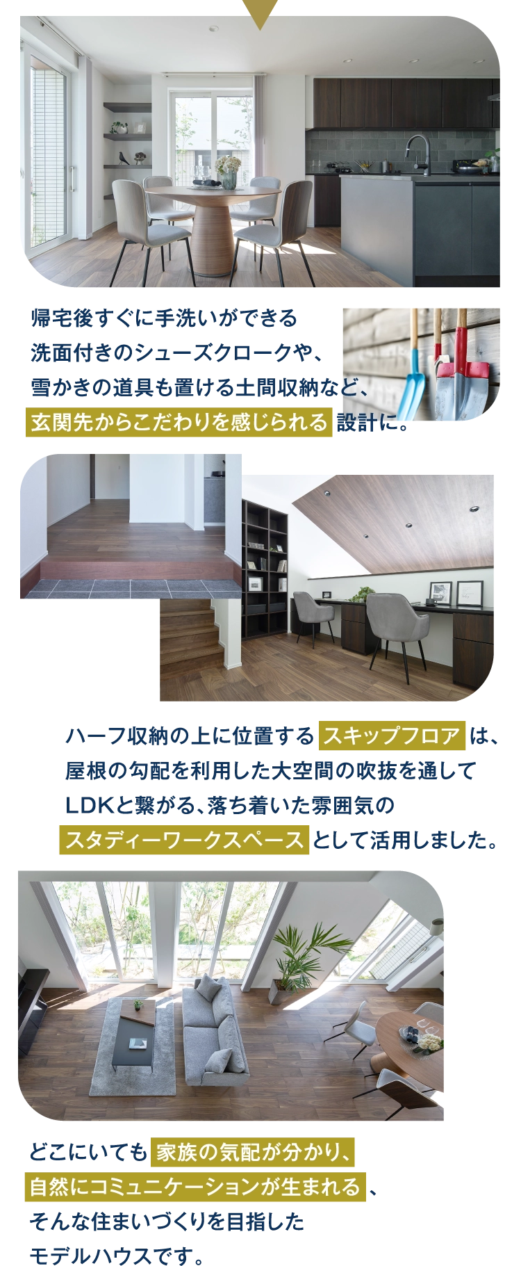 洗面付きのシューズクロークや土間収納など、玄関先からこだわりを感じられる設計に。スキップフロアは屋根の勾配を利用した大空間の吹き抜けを通してLDKとつながる、落ち着いた雰囲気のスタディーワークスペースとして活用。どこにいても家族の気配が分かり、自然にコミュニケーションが生まれる、そんな住まいづくりを目指したモデルハウスです