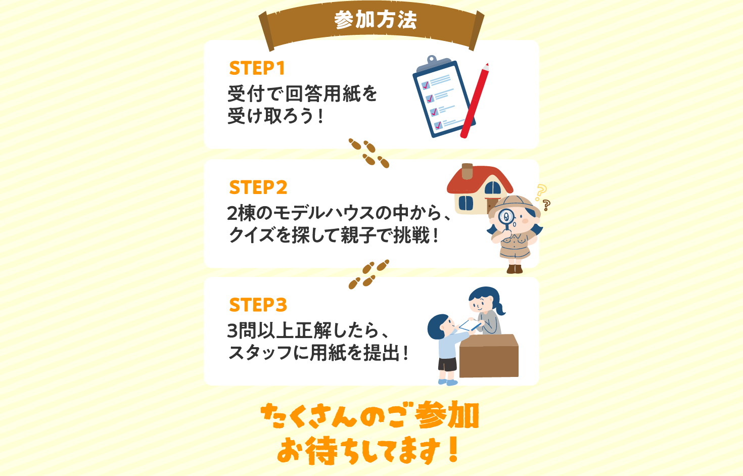参加方法【STEP1：受付で回答用紙を受け取る】【STEP2：2棟のモデルハウスの中から、クイズを探して親子で挑戦！】【3問以上正解したらスタッフに用紙を提出】